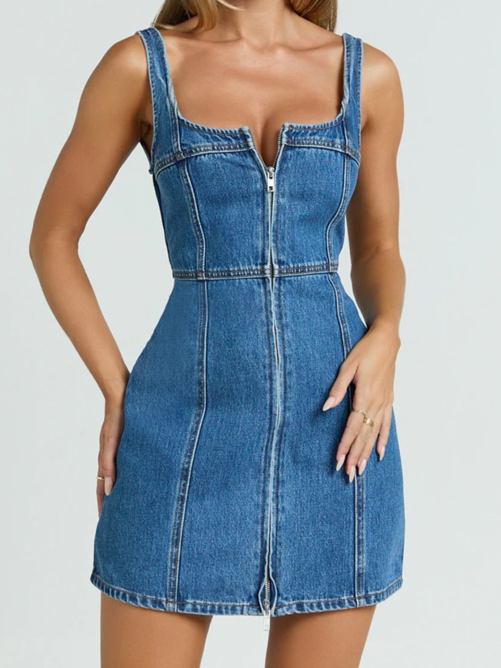 Showpo Blue Denim Zip-Front Mini Dress